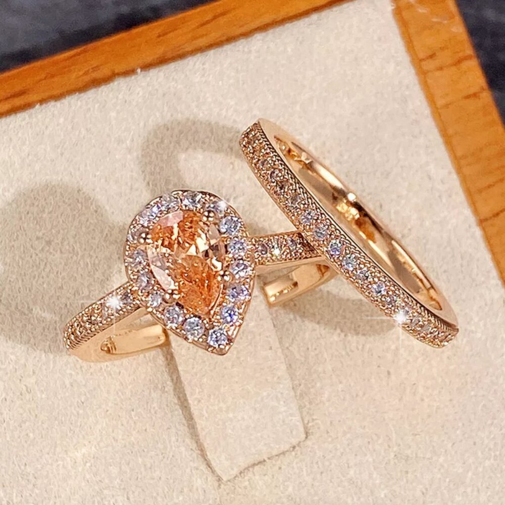 NEW 18k Gold Champagne Diamond Ring Pear Cut Teardrop Ring Set of 2 Rings